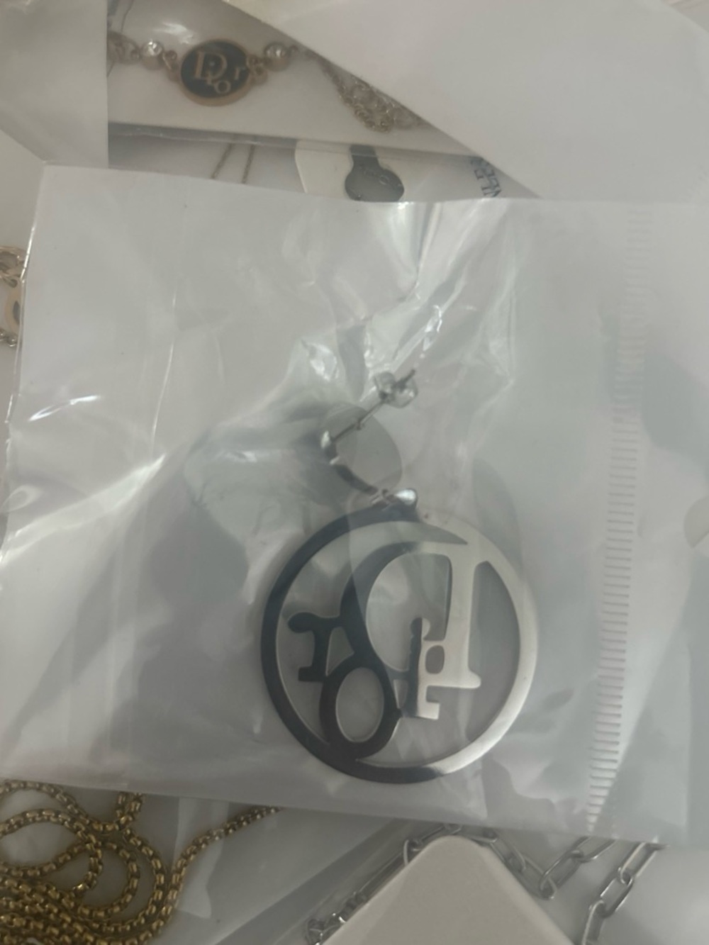 Authentic Dior Silver and Black Logo Pendant Necklace